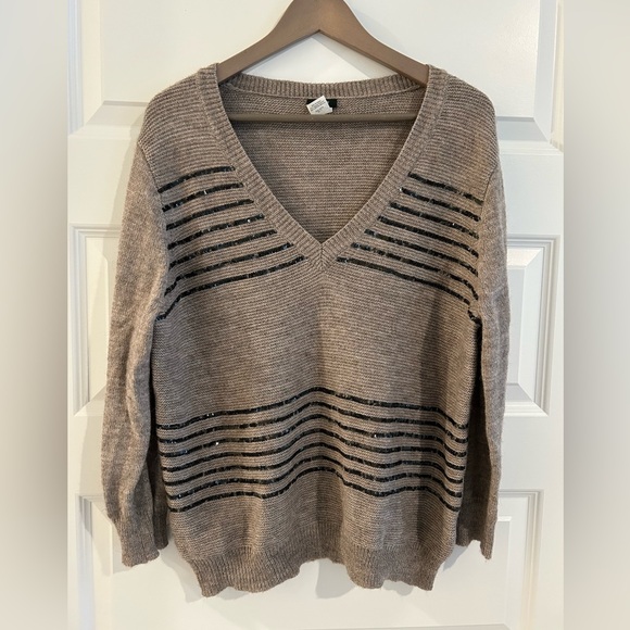 J. Crew Sweaters - J Crew Alpaca Sequin V Neck Sweater Tan Black Size XL